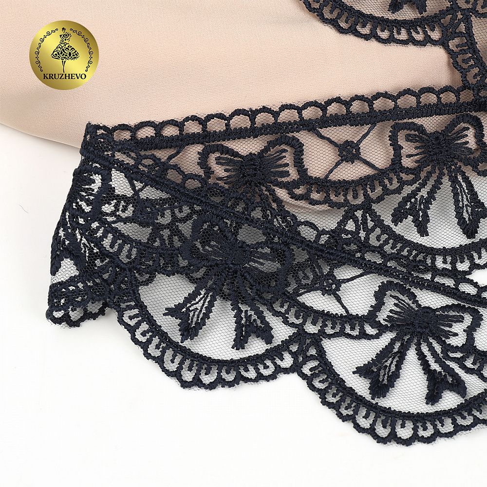 Кружево на сетке матовая нить с бантиками 60 мм, цв.т.синий, 10 метров, Kruzhevo