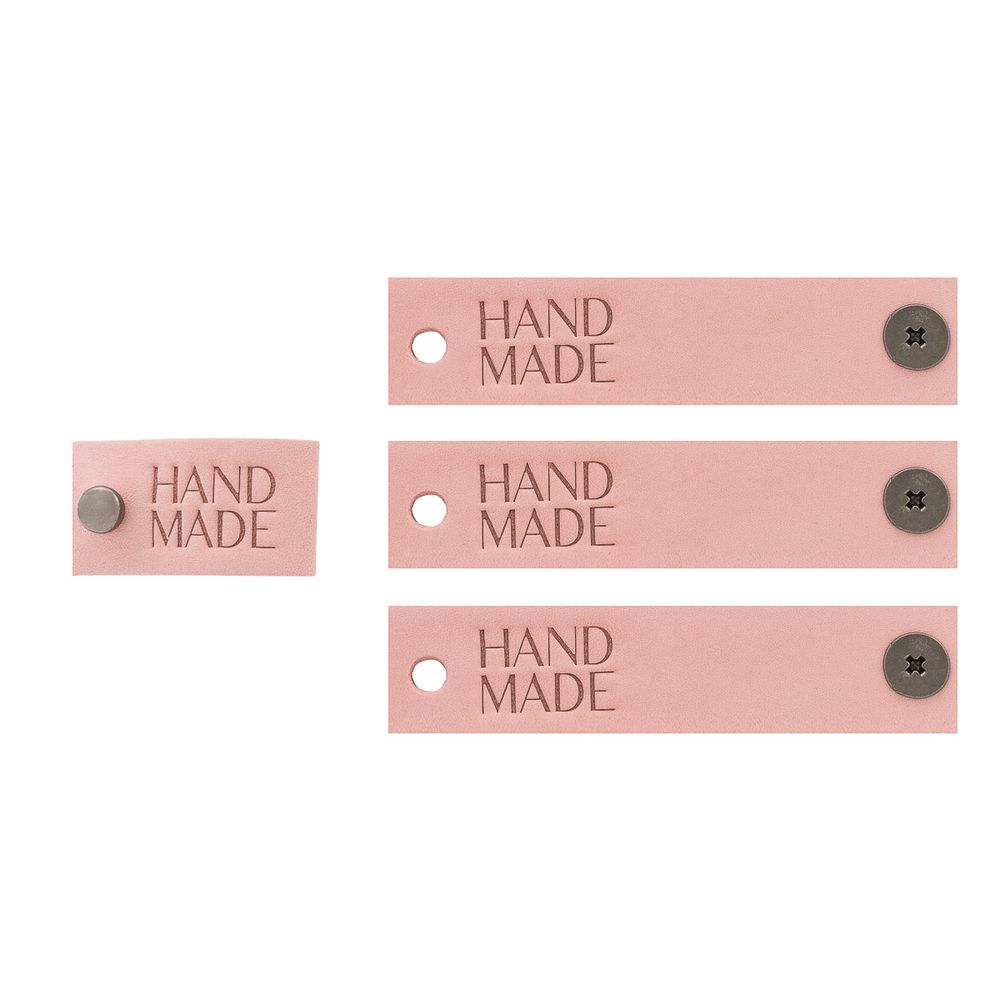 Кожаные бирки с тиснением на кнопке Hand Made 17х70 мм, 4 шт, розовый