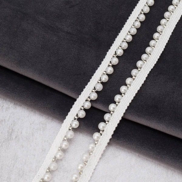 Кант декоративный с бусинами жемчуг и бисером 14 мм / 9.14 метра, белый, 3Al293