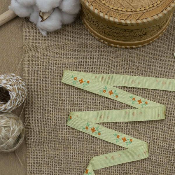 Лента репсовая (в рубчик) Веточки, 15 мм, 3м, зеленый