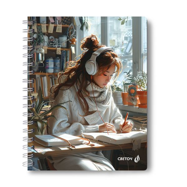 Тетрадь ученическая общая, выборочный УФ лак, A5 96 л. на гребне 65 г/м², белизна 100 %, 4 шт, клетка, 01191 Музыка дождя, Светоч Т113