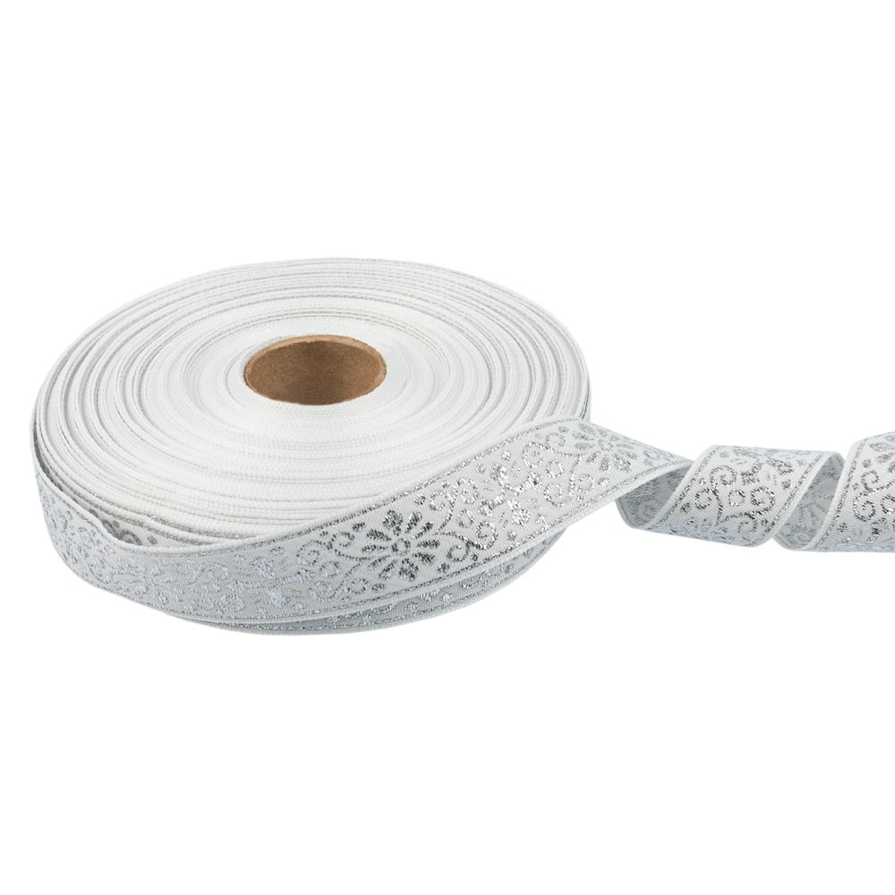 Лента (тесьма) жаккардовая 23.0-25.0 мм, / 25 метров, белый/под серебро, Blitz