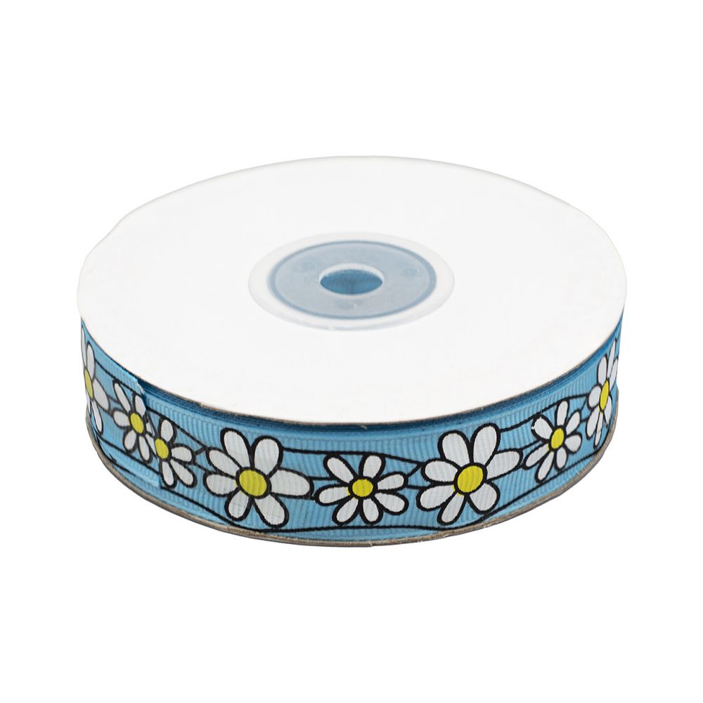 Лента репсовая (в рубчик) Ромашки 1,5см*22.86 м (голубой)