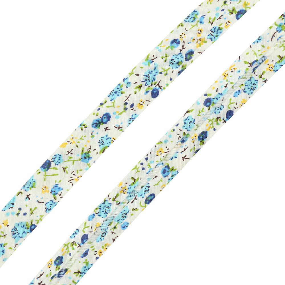 Косая бейка хлопковая с рисунком Цветы 15 мм / 5 метров, FBF37 голубой