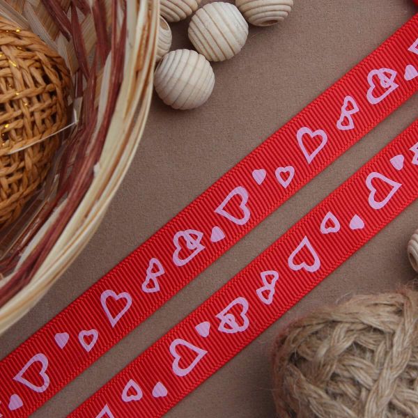 Лента репсовая (в рубчик) Сердечки, 15 мм, 3м, красный