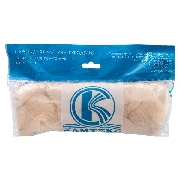 Шерсть для валяния Камтекс Лента для валяния п/тонкая 1х50 г, (25-28 мкр), 2.1 м, 080 экрю, 614644-16