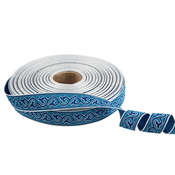 Лента (тесьма) жаккардовая 18.0 мм / 25 метров, Орнамент для северных народов, рис 9594 белый/голубой/синий (№5), Gamma С3771