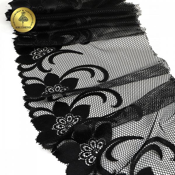 Кружево на сетке (вышитое) арт.T101 245мм цв.черный уп.6м, Kruzhevo