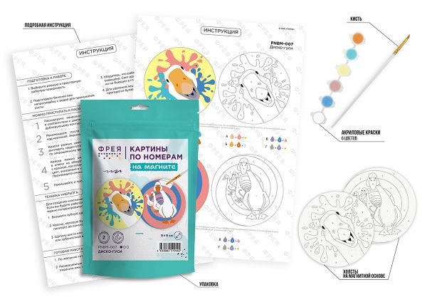 Картина по номерам Фрея PNBM-007, Диско-гуси, (на магните) 9х9 см