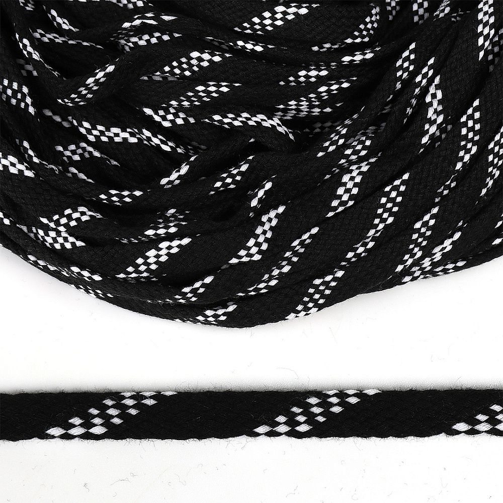 Шнур плоский плетеный х/б 10.0 мм / 50 метров, турецкое плетение TW 032/001 черно-белый