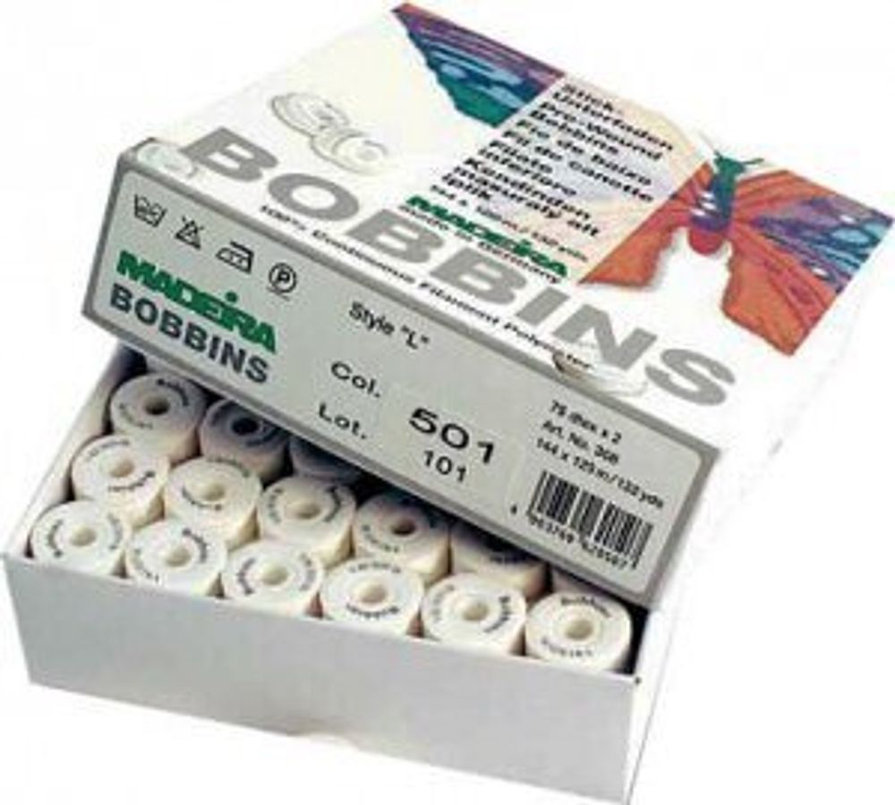 Нитки нижние в шпулях Madeira Bobbins №150, 120м белая, 308 W, 144 катушки