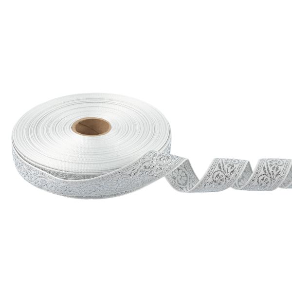 Лента (тесьма) жаккардовая 23.0-25.0 мм / 25 метров, белый/под серебро, Blitz