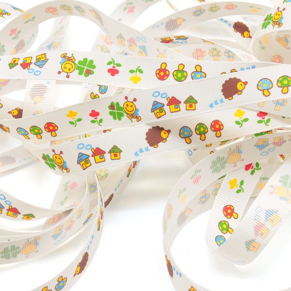 Лента репсовая (в рубчик) PREMIUM Ежик и Пчелка, 16 мм, 22,5м (A5-001 белый)