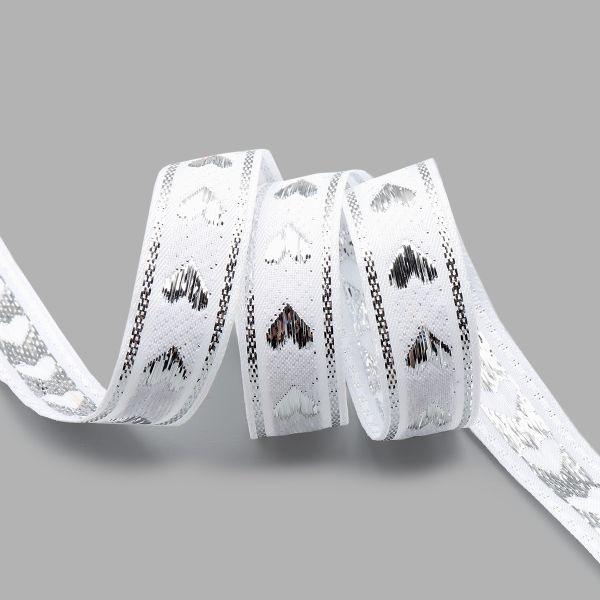 Тесьма декоративная металлизированная Сердечки 15 мм / 25 метров, 15005 белый/серебро