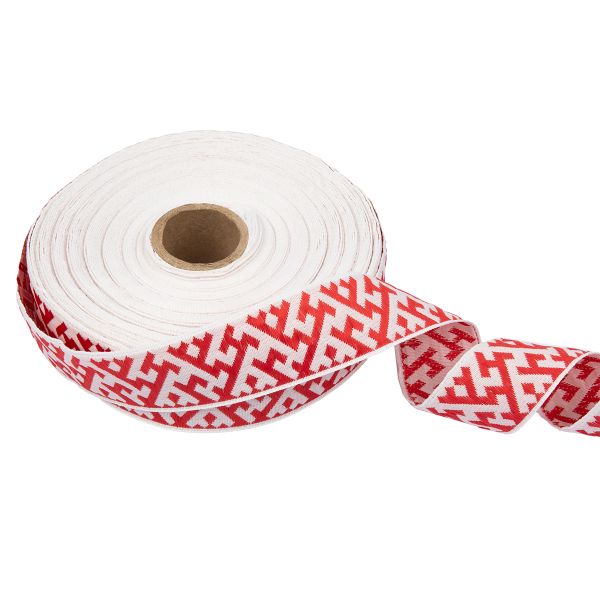 Лента (тесьма) жаккардовая 32.0 мм / 25 метров, Орнамент для северных народов, рис 9302 белый-красный, Gamma С3774