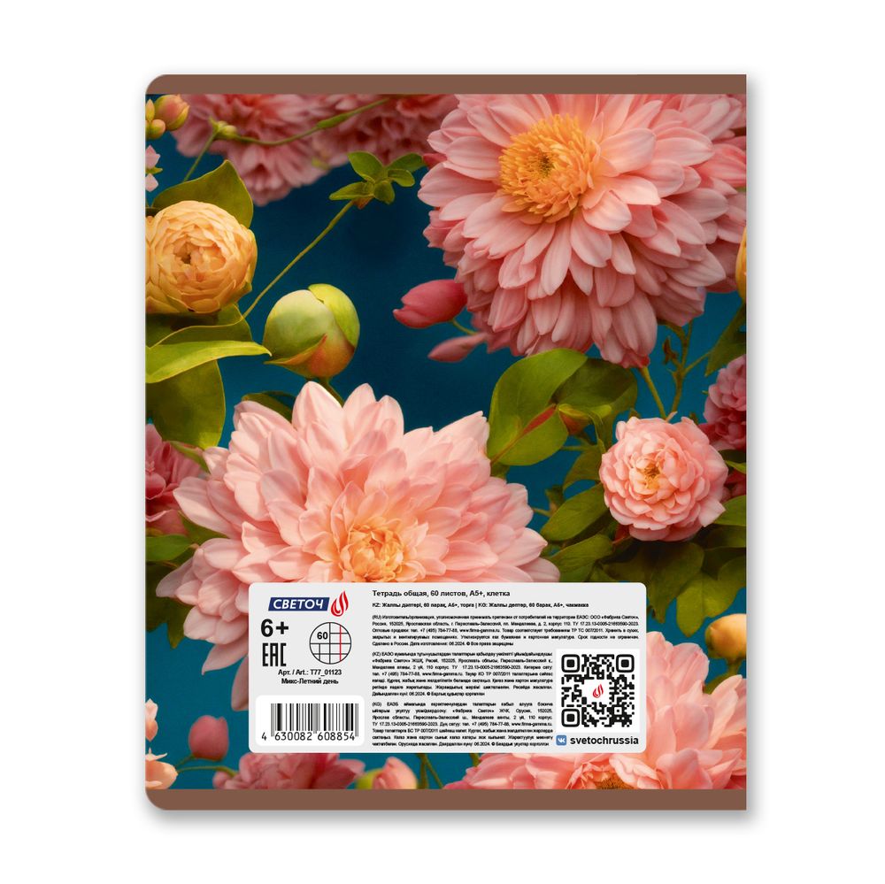Тетрадь ученическая общая, матовый сплошной лак+запечат.титул лист A5+ 60 л. на скобе 65 г/м², белизна 100 %, 10 шт, клетка, 01123 Микс-Летний день, Светоч Т77