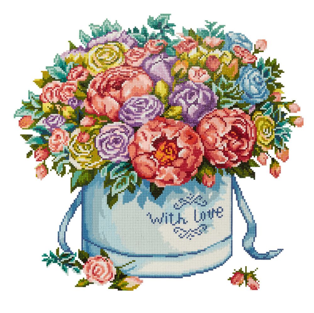 Алмазная (кристальная) мозаика Фрея, Пионы в коробке, 45х45 см