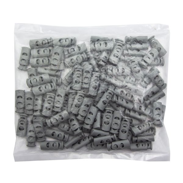 Фиксатор (зажим) для шнура пластик 2 отв., ⌀4.0 мм, 9х22 мм, цилиндр, ПП, св.серый, 100 шт