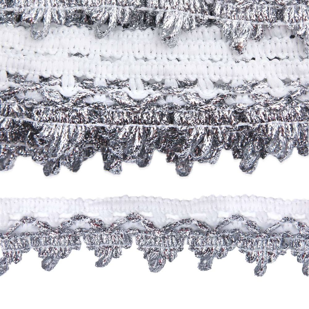 Тесьма отделочная вязаная 32мм / 10м (белый/серебро), С1438Г7