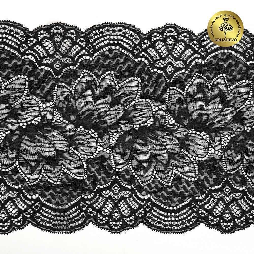 Кружево бельевое эластичное Kruzhevo 190 мм / 3 м, 6391, цв.02 черный /TOS/
