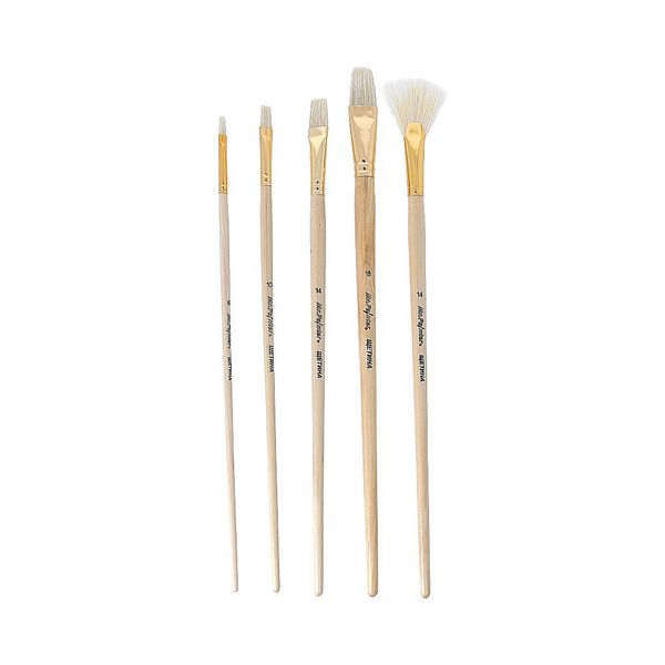 Кисть щетина (набор), 5 шт, длинная ручка, плоские 6, 10, 14, 18, веерная 14, Mr.Painter BBR 01-05