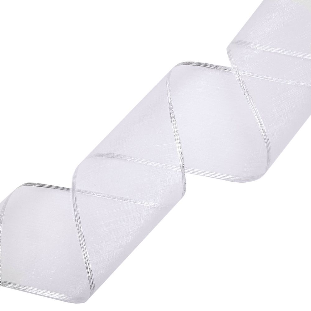 Лента для бантов с мет. краем, 7 см / 25 м, белый/серебро, С3502