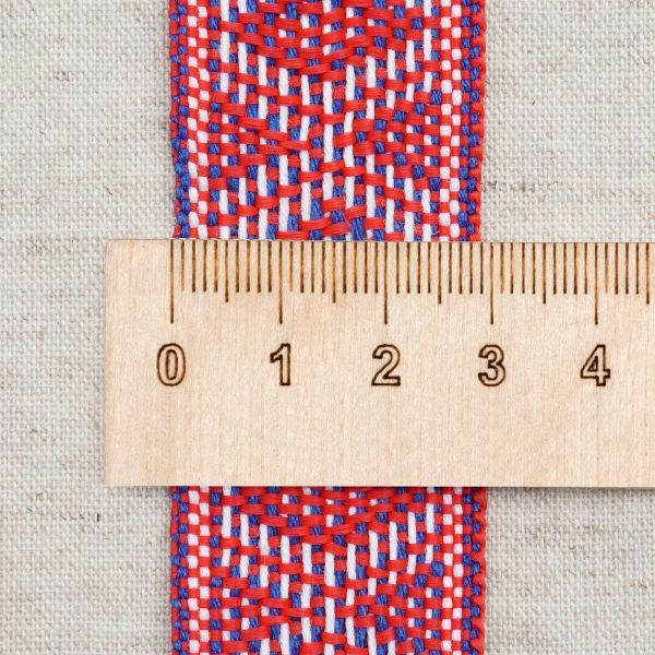 Лента (тесьма) жаккардовая 30.0 мм / 25±1 метров, рис. 9854, красный/синий/белый, С3881Г17