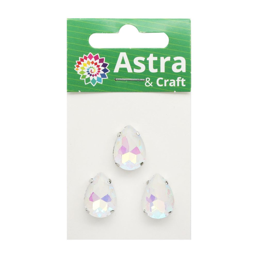 Хрустальные стразы в цапах формы капля, белый с покрытием AB 13х18 мм, 3 шт., АЦ002НН1318