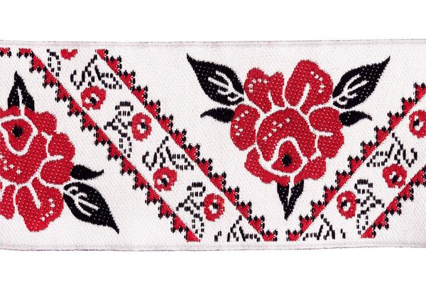 Лента (тесьма) жаккардовая 50.0 мм / 10±0.5 метров, Цветы/полосы красный/черный, Gamma DBTRJ-102