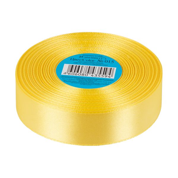 Лента атласная 1-сторонняя 25.0 мм / 33±2 метра, №015 желтый, в термоплёнке, Gamma