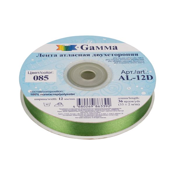 Лента атласная 2-сторонняя 12.0 мм / 33±2 метра, №085 серо-зеленый, Gamma AL-12D
