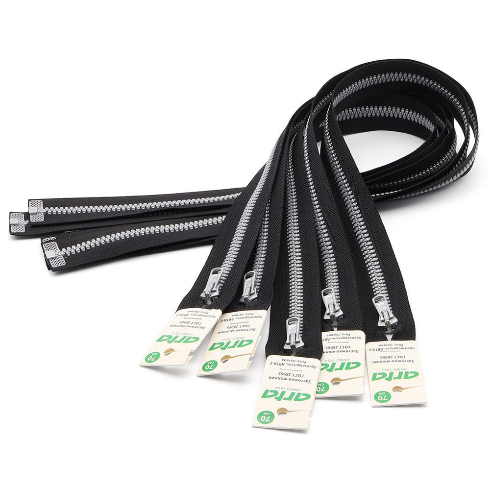 Молния трактор Arta Т6 (6 мм) 1 зам., разъем., 70 см, 2076 DECOR, 077 черный/991 алюминий, 5 шт