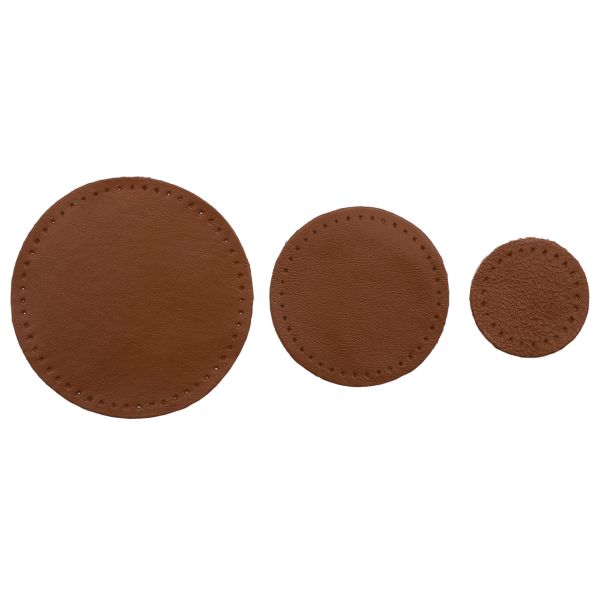 Набор заплаток пришивных из кожи, круг ⌀4см, 6см и 8см, с перфорацией, 3 шт, 100% кожа (02 светло-коричневый), 9401