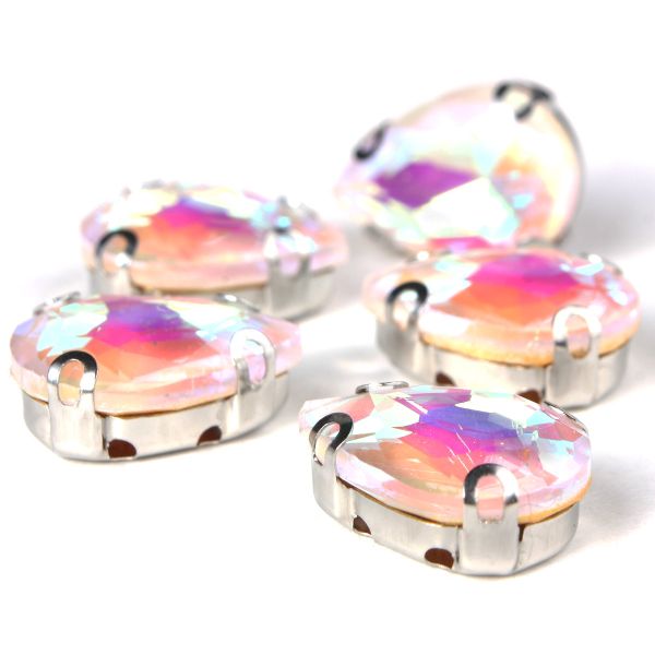 Хрустальные стразы в цапах формы капля, белый с покрытием AB 10х14 мм, 5 шт., АЦ002НН1014