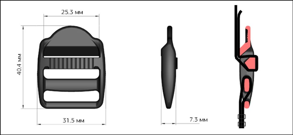 Пряжка регулятор трехщелевая 25мм, цв.черный нагрузка 65 кг уп.500 шт