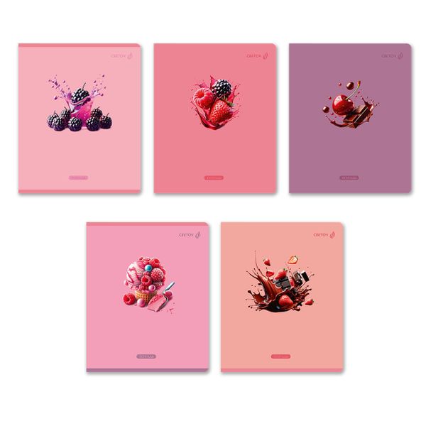 Тетрадь ученическая общая, выборочный лак, A5 96 л. на скобе 65 г/м², белизна 100% 5 шт клетка, 01532 Ягодный взрыв, Светоч Т80