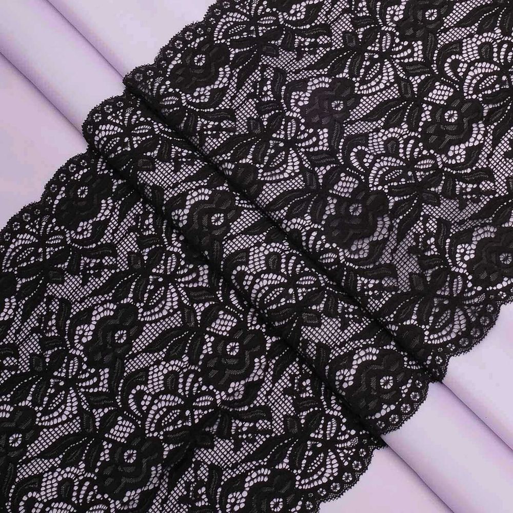 Кружево бельевое эластичное 300 мм / 3.4 метра, цвет черный