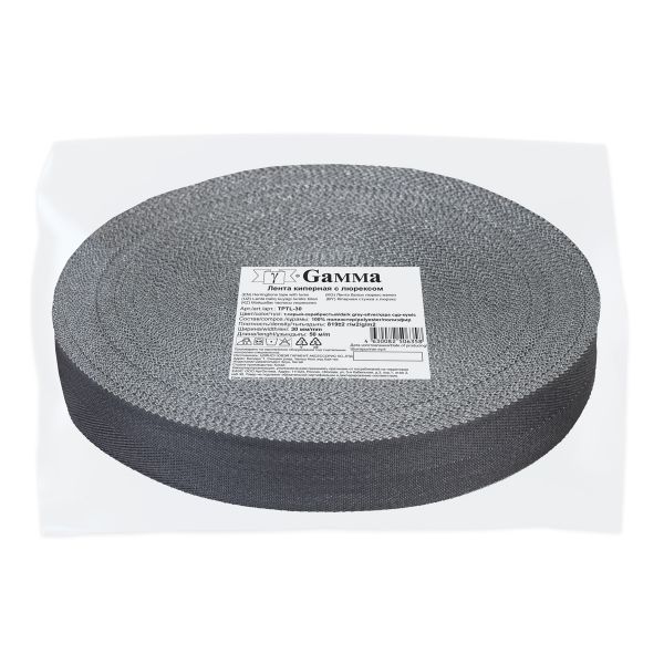 Тесьма (лента) киперная п/э с люрексом 30 мм / 50 метров, т.серый-серебристый/dark grey-silver, Gamma TPTL-30