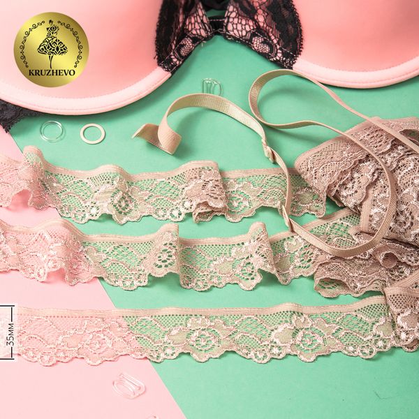 Кружево эластичное (стрейч) 35 мм, TBY.L839, 11 бежевый, 50м, Kruzhevo