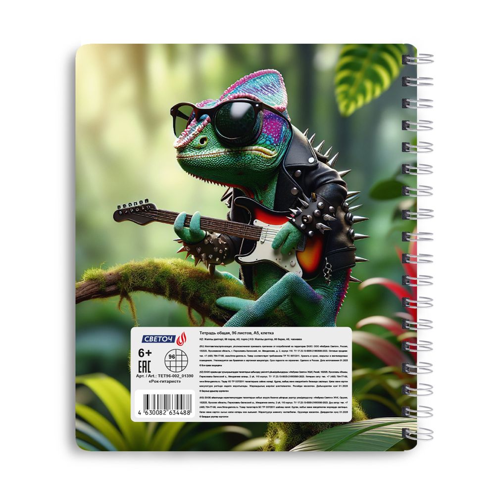 Тетрадь общая с запечатан. пластиковой обложкой, 500 мкр, A5+ 96 л. на гребне 65 г/м², белизна 100 %, 4 шт, клетка, 01390 Рок-гитарист, Светоч ТЕТ96-002