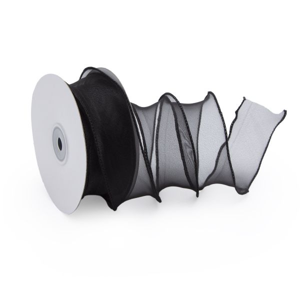 Лента декоративная с волнистым краем 38.0 мм / 18.29±1 метров, 100% органза, (09 черный)