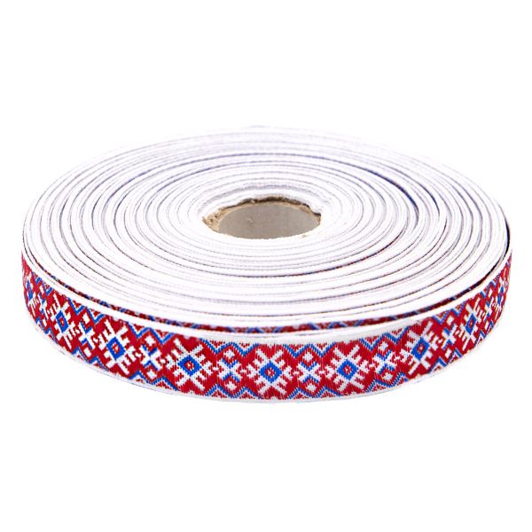 Лента (тесьма) жаккардовая 18.0 мм / 25±1 метров, Славянский орнамент Оберег, рис.9651 (1 белый/красный/синий) С3771Г17