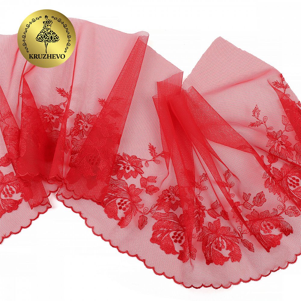 Кружево на сетке широкое 225 мм, OG44, цв.красный, правая уп.6м, Kruzhevo