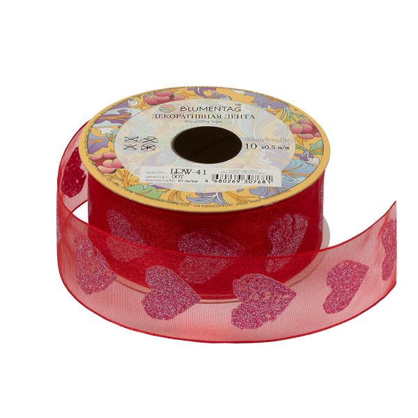 Лента декоративная 40 мм / 10±1 метров, 007 красный/красный, Blumentag LRW-41
