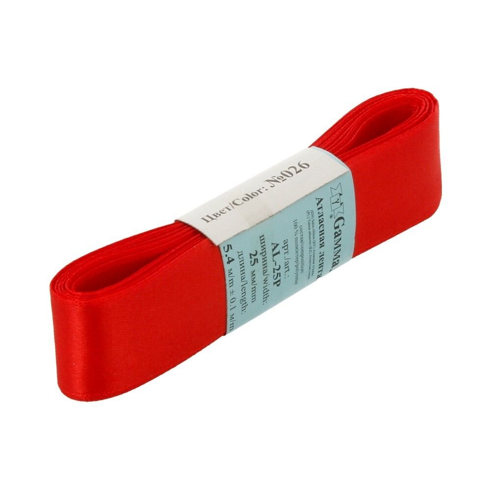 Лента атласная 1-сторонняя 25.0 мм / 5 шт по 5.4 метра, №026 красный, Gamma AL-25P