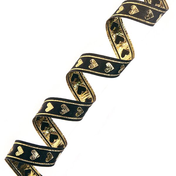 Тесьма декоративная металлизированная Сердечки 15 мм / 25 метров, 15005 черный/золото