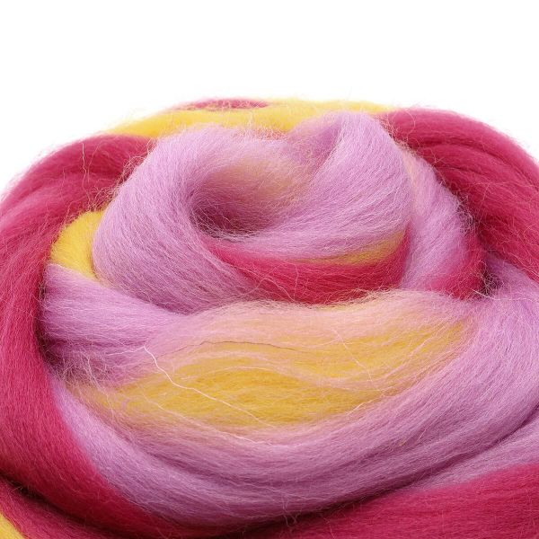 Шерсть для валяния полутонкая 100%, мультиколор, 100г, 1509 мультиколор, жёлтый/св.фиалка/т.цикламен