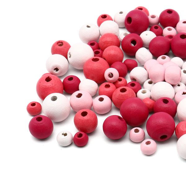 Бусины дерево набор со шнуром 6, 8, 10, 12 мм, розовый микс, 90 шт, Astra&Craft, 214