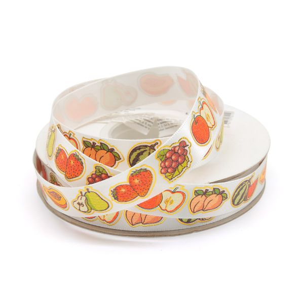 Лента атласная с надписью 16.0 мм / 22.5±1 метров, Фрукты, 029 белый, Globus