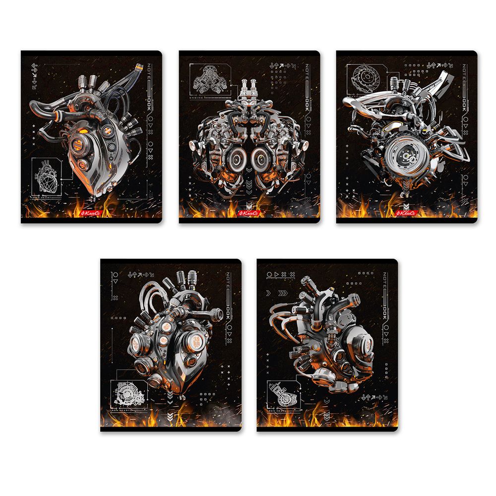 Тетрадь ученическая общая, матовая ламинация + тиснение серебряной фольгой, A5+ 96 л. на скобе 60 г/м², белизна 100%, 5 шт, клетка в термоусадочной пленке, 000779 Железное сердце, Светоч 96ТЕТк-007